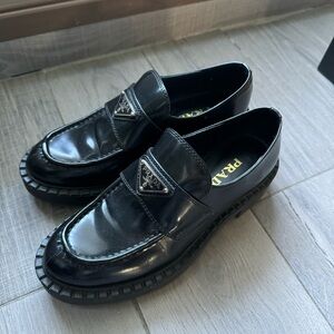 PRADA Black Spazzolato Triangle Logo Platform Loafer Sz 38 Women’s